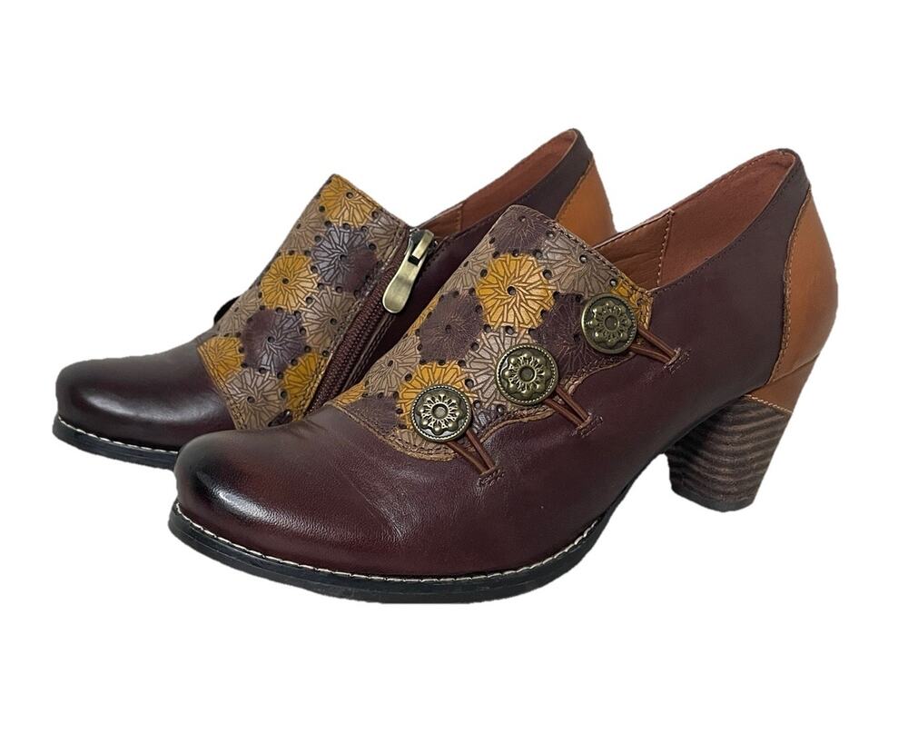 L’Artiste Spring Step “Kantia” Shoes Leather Decorative Button Floral 7.5/8 ~ 38